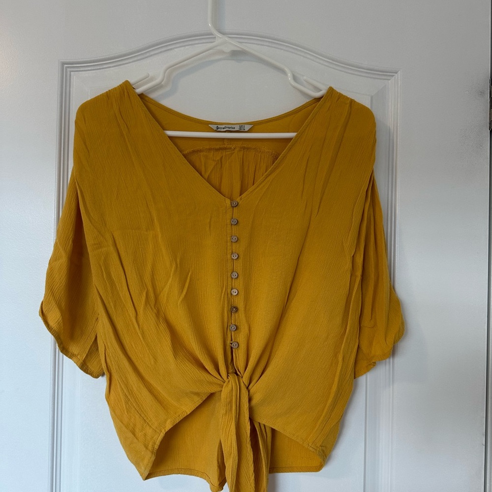 Stradivarius Yellow V-Neck Tie-Front Blouse